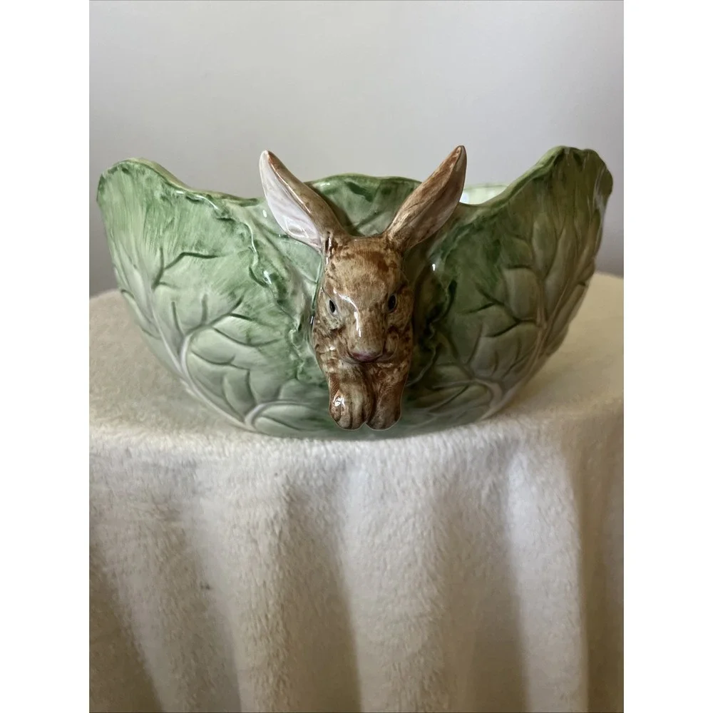 Large Spring Easter Vintage Fitz and Floyd Green Bowl with Bunnies cabbage green